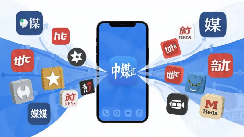 中媒汇多源资讯聚合功能展示图,手机屏幕中显示多个媒体来源图标汇聚到中媒汇App的界面,画面中央是手机,周围环绕不同新闻媒体Logo向手机流动,体现聚合概念,蓝白配色,扁平化设计风格,细节清晰,画质干净无多余元素