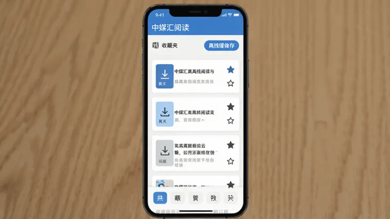 中媒汇离线阅读与收藏功能界面,手机屏幕显示收藏夹列表和离线缓存按钮,文章卡片带有下载图标和收藏星标,底部有分类标签,蓝白配色,扁平化设计,布局整洁,画质干净无多余元素