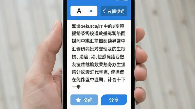 中媒汇简洁阅读界面展示,手机屏幕显示一篇新闻正文,白底黑字排版清晰,顶部有字体调节和夜间模式按钮,底部有收藏和分享图标,界面极简,蓝白配色,扁平化设计,画质干净无多余元素