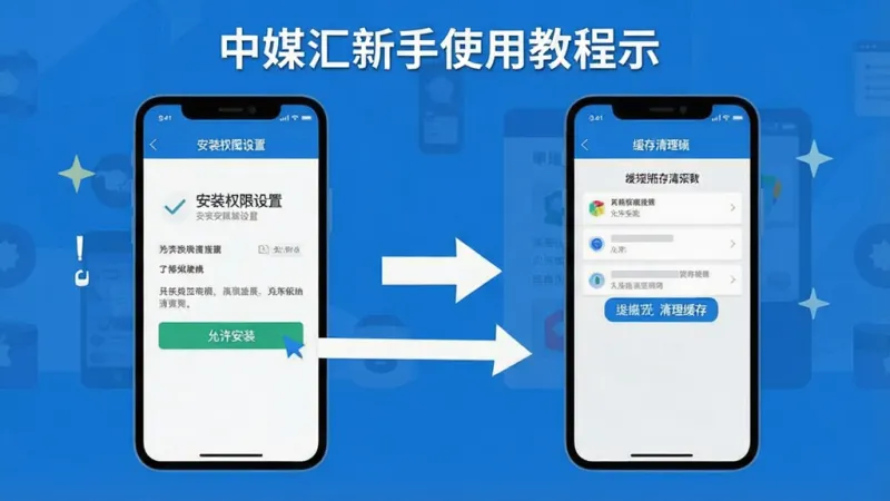 中媒汇新手使用教程示意图,手机屏幕显示安装权限设置页面和缓存清理界面,画面中有箭头指引操作步骤,包含“允许安装”“清理缓存”等文字标签,蓝白配色,扁平化设计风格,布局清晰,画质干净无多余元素