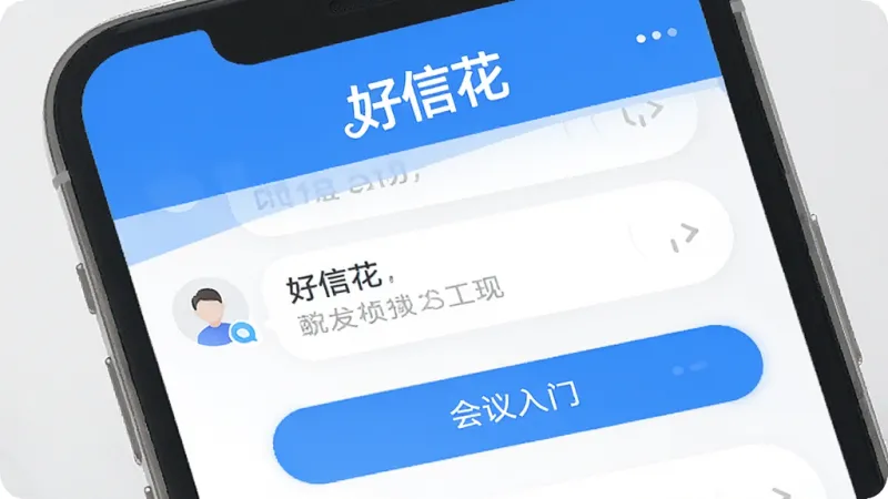 一张手机屏幕展示好信花应用主界面的图片，画面中央是明亮的聊天列表和会议入口按钮，顶部有“好信花”文字标识，整体布局简洁清晰，蓝白配色，扁平化设计风格，细节圆润，画质干净，无多余元素