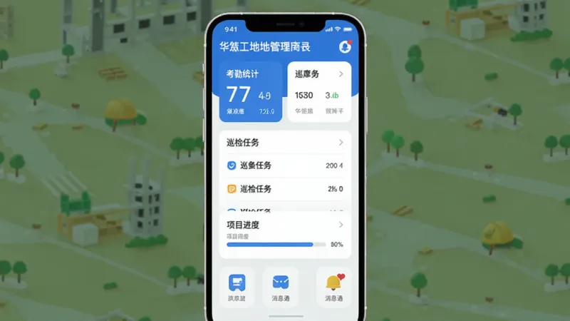 华智慧云手机应用主界面展示，画面中央是手机屏幕，屏幕内显示智慧工地管理面板，包含考勤统计卡片、巡检任务列表、项目进度条和消息通知图标，界面以蓝白配色为主，布局清晰，风格现代简约扁平化，细节圆润，画质干净，无多余元素