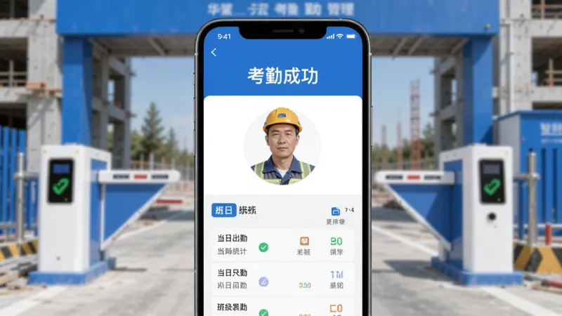 华智慧云考勤管理功能界面，手机屏幕显示工人人脸识别打卡成功画面，屏幕上方显示“考勤成功”字样，下方列出当日出勤统计和班组列表，背景是工地入口闸机场景，蓝白配色，扁平化设计风格，画质清晰干净
