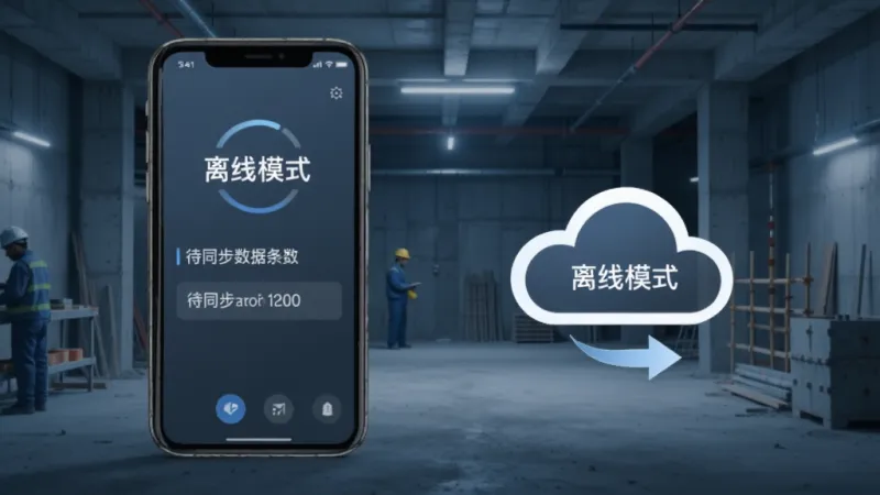 华智慧云离线同步功能示意图，手机屏幕显示“离线模式”标识和待同步数据条数，旁边有云朵图标和同步箭头，背景是工地地下室场景，蓝灰色调，简约科技风格，画质干净