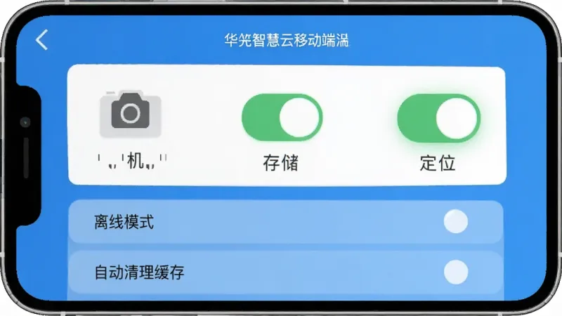 华智慧云移动端设置界面截图，手机屏幕显示权限管理页面，包含相机、存储、定位三个权限开关均为开启状态，下方有“离线模式”和“自动清理缓存”选项，蓝白配色，扁平化设计，画质清晰干净