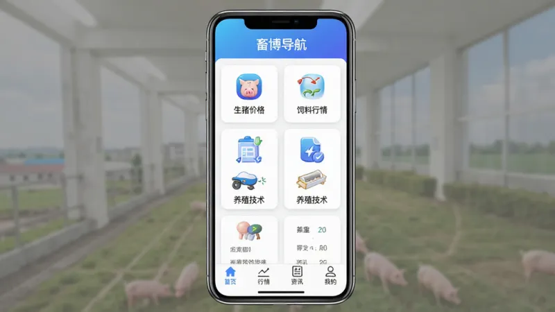 畜博导航软件主界面截图，手机屏幕居中展示，顶部是蓝色渐变导航栏写着“畜博导航”，中间是卡片式布局的生猪价格、饲料行情、养殖技术等模块，底部有首页、行情、资讯、我的四个标签，整体风格简洁现代，白色背景搭配蓝色主题色，图标圆润清晰，画质干净无多余元素