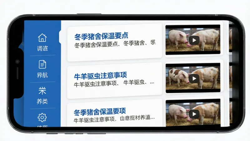 畜博导航养殖技术页面展示，手机屏幕中显示文章列表和视频缩略图，标题包含“冬季猪舍保温要点”“牛羊驱虫注意事项”等，界面采用白底蓝字卡片设计，左侧有分类导航栏，整体风格干净整洁，画质清晰，无杂乱元素