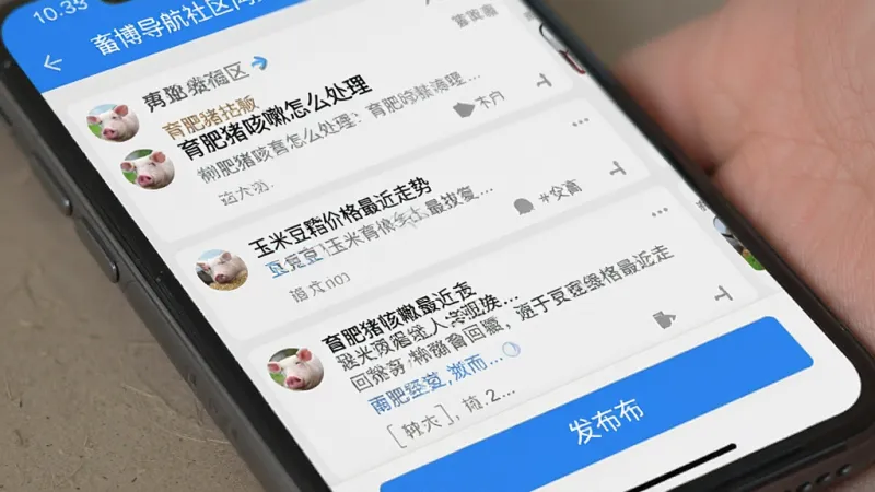 畜博导航社区问答界面，手机屏幕显示用户发帖列表和回复内容，帖子标题如“育肥猪咳嗽怎么处理”“玉米豆粕价格最近走势”，界面底部有发布按钮，整体配色为浅灰背景配蓝色高亮，布局清晰，文字易读，画质干净