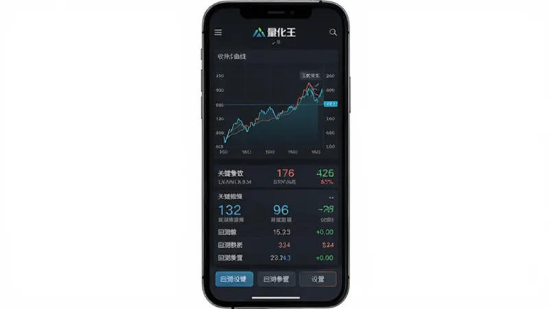 量化王回测分析页面，手机屏幕显示收益曲线图和回测数据表格，背景为深色主题，顶部有量化王标识，中间是折线图和关键指标数字，底部有回测参数设置按钮，风格专业金融感，文字清晰，画质干净无多余元素