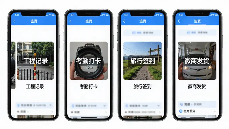 一张展示修改牛相机多种水印模板的画面,画面中手机屏幕并列展示四张不同风格的水印照片缩略图,分别标注“工程记录”“考勤打卡”“旅行签到”“微商发货”,界面排版整齐,风格统一,蓝白配色,细节清晰,画质干净,无多余元素