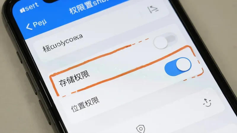 一张展示修改牛相机在手机上设置权限和保存路径的教程画面,画面中手机屏幕显示应用权限管理界面,高亮标注“存储权限”和“位置权限”开关,界面风格简洁,蓝白配色,细节清晰,画质干净,无多余元素