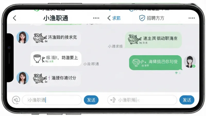 小渔职通APP聊天界面展示，左侧是求职者头像和消息气泡，右侧是招聘方回复气泡，顶部显示“小渔职通”文字标识，底部有输入框和发送按钮，界面配色清爽，背景为浅灰色，风格简洁商务，细节清晰，画质干净无多余元素。