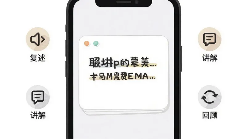 费曼岛应用内笔记编辑界面截图风格插画，画面展示手机屏幕上显示一个概念卡片，卡片内文字清晰，周围有“复述”、“讲解”、“回顾”三个小图标，背景是纯白色，风格极简，画质干净无多余元素