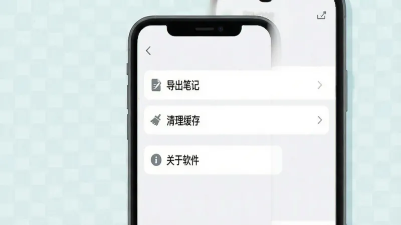 一张手机屏幕截图风格的插画，展示费曼岛应用的设置界面，界面中有“导出笔记”、“清理缓存”、“关于软件”等选项，画面干净整洁，风格现代扁平，画质清晰