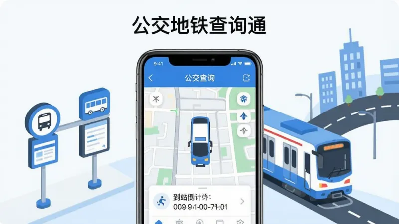 一个清爽简洁的手机App界面展示,标题为“公交地铁查询通”,画面中央是手机屏幕,屏幕内显示实时公交地图和到站倒计时,周围环绕着公交站牌、地铁列车和城市道路的扁平化插画元素,蓝白配色,风格现代简约,画质干净清晰,无多余杂乱元素