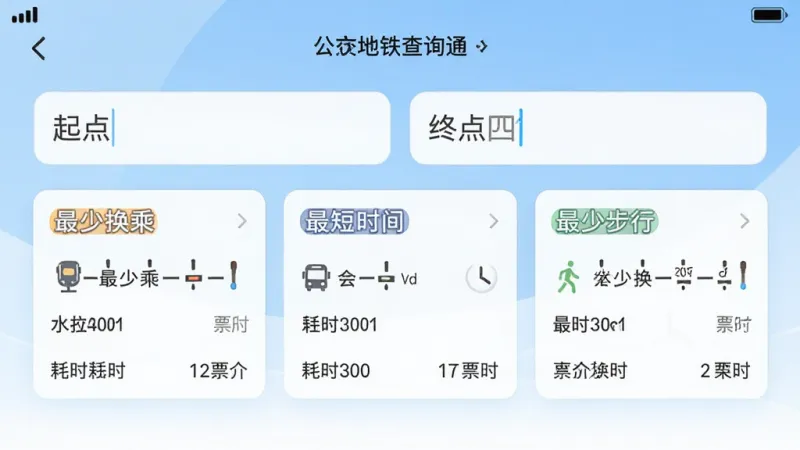 公交地铁查询通App内地铁换乘方案界面截图,手机屏幕显示起点和终点输入框,下方列出三种换乘方案卡片,标注“最少换乘”“最短时间”“最少步行”,卡片内显示途经站点、耗时和票价,界面背景为浅蓝色渐变,风格干净清爽,画质高清,无多余装饰元素