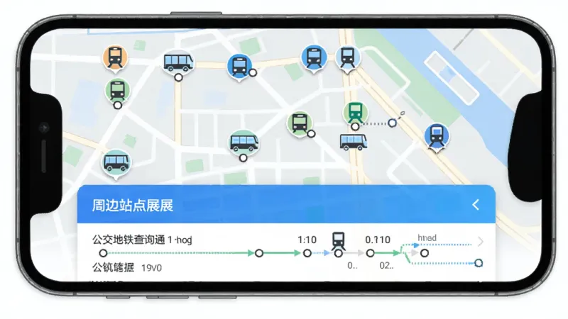 公交地铁查询通App周边站点功能展示图,手机屏幕显示地图上散布着多个公交站和地铁站图标,下方列表按距离排序展示站点名称和途经线路,界面配色为蓝白相间,风格扁平化设计,画质干净明亮,无多余元素