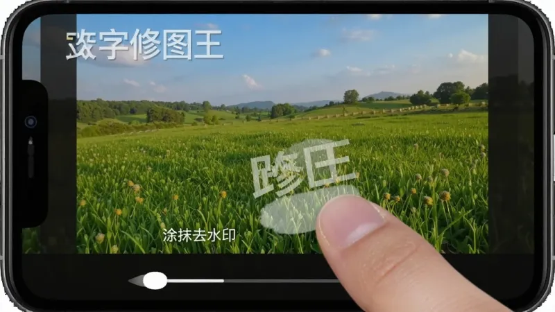改字修图王涂抹去水印功能界面展示,手机屏幕中显示一张风景照片,照片角落有一个半透明的水印,用户手指正在涂抹水印区域,涂抹过的地方水印消失露出干净的草地,界面底部有笔刷大小调节滑块,整体风格为真实手机操作截图,画质清晰,无多余元素