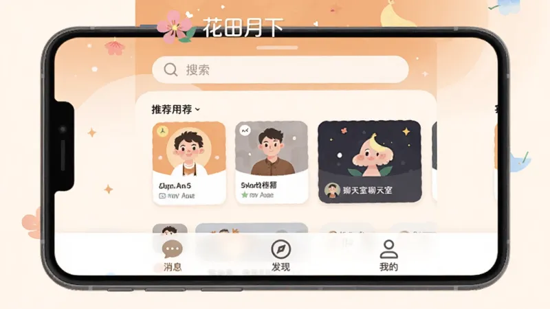 花田月下App主界面截图,主体为手机屏幕展示,布局顶部为花田月下Logo和搜索栏,中间是推荐用户卡片和聊天室入口,底部为消息、发现、我的三个选项卡,排版简洁清爽,风格采用暖色调扁平化设计,细节圆润无多余元素,画质清晰干净