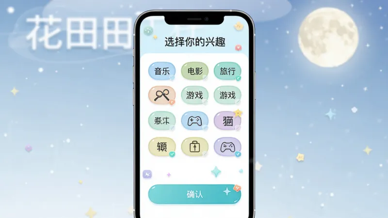 花田月下兴趣匹配功能界面,主体为手机屏幕显示兴趣标签选择页,布局顶部标题“选择你的兴趣”,中间是排列整齐的兴趣标签如音乐、电影、旅行、游戏等,底部为确认按钮,排版错落有致,风格清新明快,细节图标精致,画质干净无多余元素