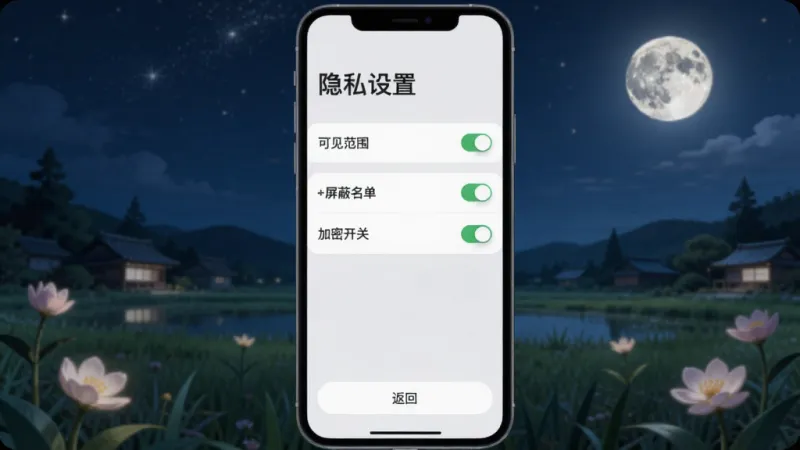 花田月下隐私设置界面,主体为手机屏幕展示设置选项列表,布局顶部标题“隐私设置”,中间是可见范围、屏蔽名单、加密开关等选项,底部为返回按钮,排版清晰有序,风格沉稳简洁,细节开关图标直观,画质干净无多余元素