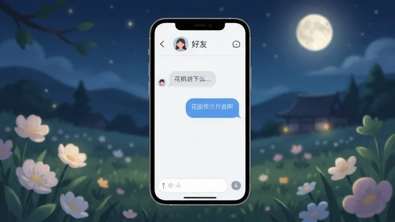 花田月下轻量化运行示意图,主体为手机屏幕显示简洁聊天界面,布局顶部为好友昵称,中间是对话气泡,底部为输入框,排版干净利落,风格极简清新,细节字体清晰柔和,画质干净无多余元素