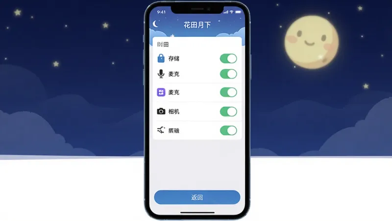 花田月下权限设置操作指引图,主体为手机屏幕显示应用权限管理页面,布局顶部为应用名称“花田月下”,中间是存储、麦克风、相机等权限开关列表,底部为返回按钮,排版清晰直观,风格扁平化设计,细节图标明确,画质干净无多余元素