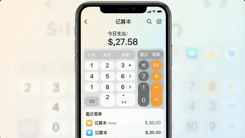 一张手机屏幕展示记算本应用主界面，画面中央是简洁的记账面板，上方显示今日支出金额，中间是数字键盘和计算器区域，下方是最近几笔账单记录列表，背景是浅色渐变，整体风格清新简约，图标圆润，文字清晰标注“记算本”，画质干净，无多余元素，适合应用市场展示