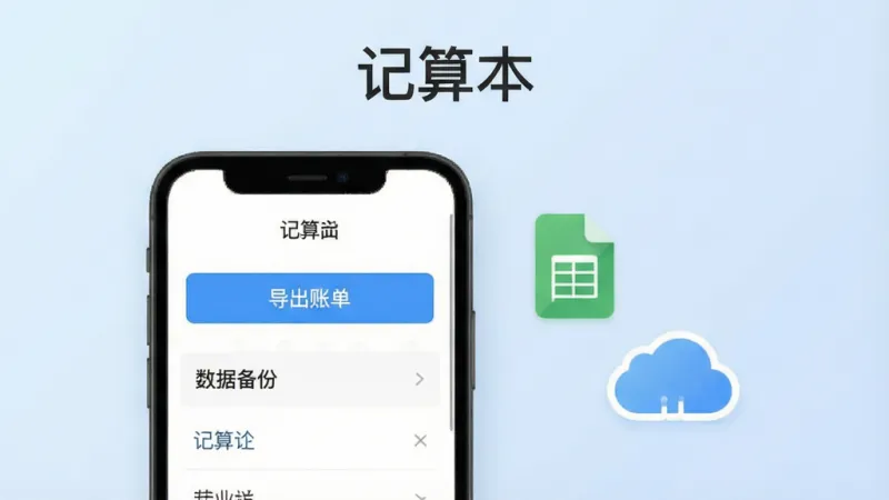 一张记算本应用数据导出界面图，画面中显示一个手机屏幕，屏幕上有导出账单按钮和数据备份选项，旁边有一个表格文件图标和云朵图标，背景是淡蓝色渐变，文字标注“记算本”，风格现代简约，画质清晰，无杂乱元素