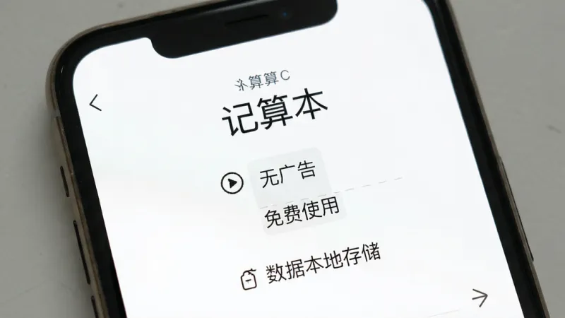 一张记算本应用设置界面图，画面中显示手机屏幕上有“无广告”、“免费使用”、“数据本地存储”等文字标签，界面干净整洁，背景是纯白色，文字标注“记算本”，风格极简，画质清晰，无多余元素