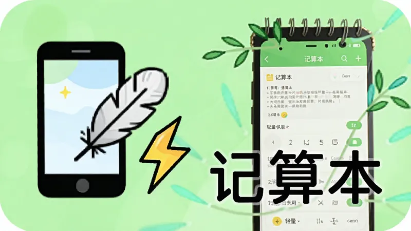 一张记算本应用运行状态示意图，画面中显示一个手机图标旁边有羽毛和闪电符号，表示轻量和快速，手机屏幕上显示记算本界面，背景是浅绿色，文字标注“记算本”，风格清新活泼，画质干净，无多余装饰