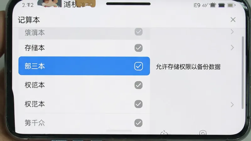 一张手机屏幕展示记算本应用安装权限设置界面，画面中显示权限列表，存储权限被勾选高亮，其他权限灰色显示，旁边有提示文字“允许存储权限以备份数据”，背景是浅色系统设置界面，文字标注“记算本”，风格清晰明了，画质干净，无多余元素
