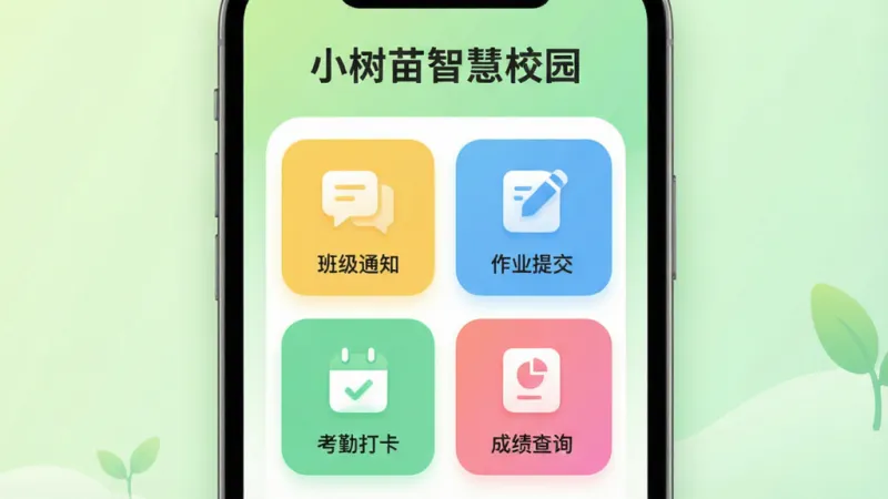 一张展示小树苗智慧校园移动端主界面的图片，画面中央是手机屏幕，屏幕顶部显示“小树苗智慧校园”文字，中间卡片式布局排列着“班级通知”“作业提交”“考勤打卡”“成绩查询”四个彩色图标，背景是淡绿色渐变，风格清新扁平，细节圆润，画质干净无多余元素。