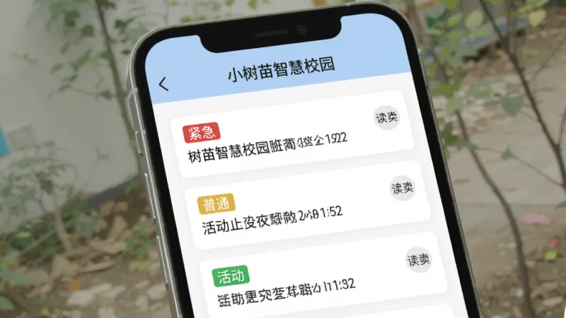 小树苗智慧校园班级通知界面截图风格图片，主体为手机屏幕，屏幕内显示“小树苗智慧校园”标题栏，下方有三条通知卡片，分别标注“紧急”“普通”“活动”标签，每条通知右侧有已读人数小圆圈，背景白色，顶部淡蓝色导航条，风格简洁现代，画质清晰干净。