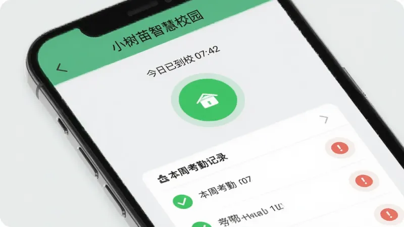 小树苗智慧校园考勤打卡功能示意图，画面为手机屏幕显示“小树苗智慧校园”考勤页面，中间是一个绿色圆形打卡按钮，上方显示“今日已到校 07:42”，下方是本周考勤记录列表，有绿色对勾和红色感叹号图标，背景浅灰色，风格清爽扁平，画质干净无多余元素。