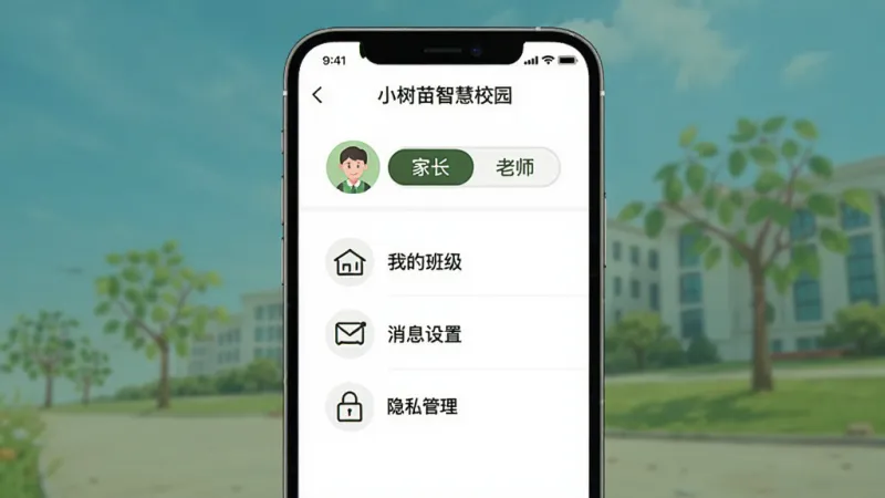 小树苗智慧校园多角色切换界面示意图，手机屏幕显示“小树苗智慧校园”个人中心页面，顶部头像旁有“家长”“老师”两个切换标签，下方排列着“我的班级”“消息设置”“隐私管理”等选项，背景白色，图标为线性风格，整体干净整洁。