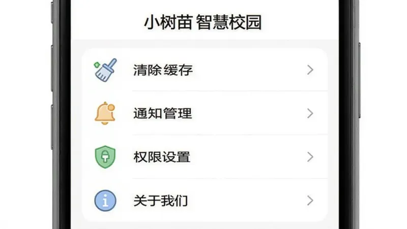 小树苗智慧校园设置页面示意图，手机屏幕显示“小树苗智慧校园”设置菜单，列表项包括“清除缓存”“通知管理”“权限设置”“关于我们”，每项左侧有对应小图标，背景白色，文字清晰，风格简洁，画质干净。