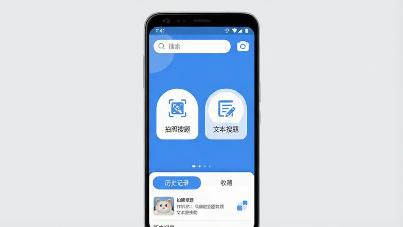 作业答案辅助搜题软件主界面全貌展示，画面中央是一部安卓手机屏幕，屏幕内显示作业答案辅助搜题APP的拍照搜题主页面，顶部有搜索框和相机图标，中间区域显示“拍照搜题”和“文本搜题”两个大按钮，底部为历史记录和收藏夹选项卡，整体布局简洁清晰，风格为现代扁平化设计，蓝白配色为主，细节圆润，背景为浅灰色，画质干净无多余元素