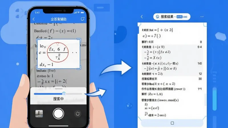 作业答案辅助搜题拍照搜题功能演示图，画面展示一部手机正在拍摄数学试卷，手机屏幕内作业答案辅助搜题APP自动框选出一道函数题，下方弹出识别进度条和“搜索中”字样，旁边有箭头指向搜索结果页，搜索结果页显示题目解析和答案步骤，风格为科技感扁平插画，蓝白配色，布局左右分栏，左侧拍照场景右侧结果展示，画质清晰干净无多余元素