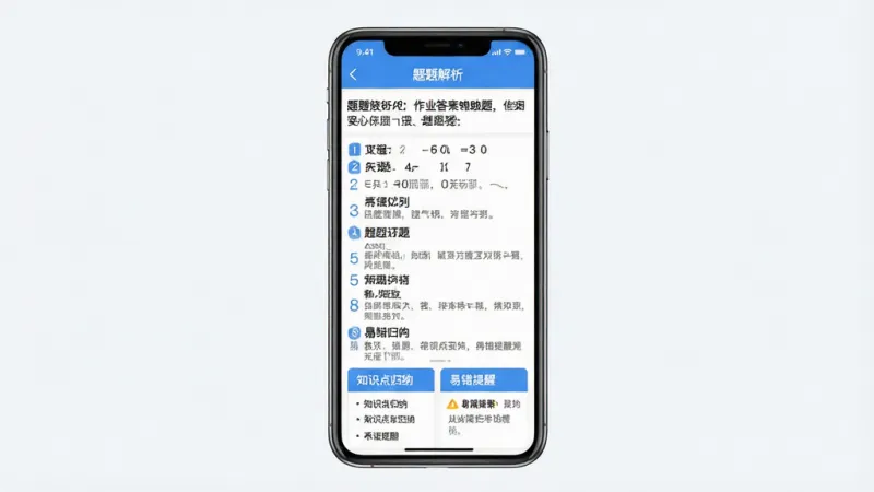 作业答案辅助搜题详细解析页面展示图，画面中央是一部手机屏幕，屏幕内显示作业答案辅助搜题APP的题目解析页面，顶部是题目原文，中间是分步骤的解题过程，每一步都有编号和说明文字，底部有“知识点归纳”和“易错提醒”两个卡片，整体排版清晰，风格为教育类扁平设计，蓝白配色，文字大小适中，背景干净无多余元素