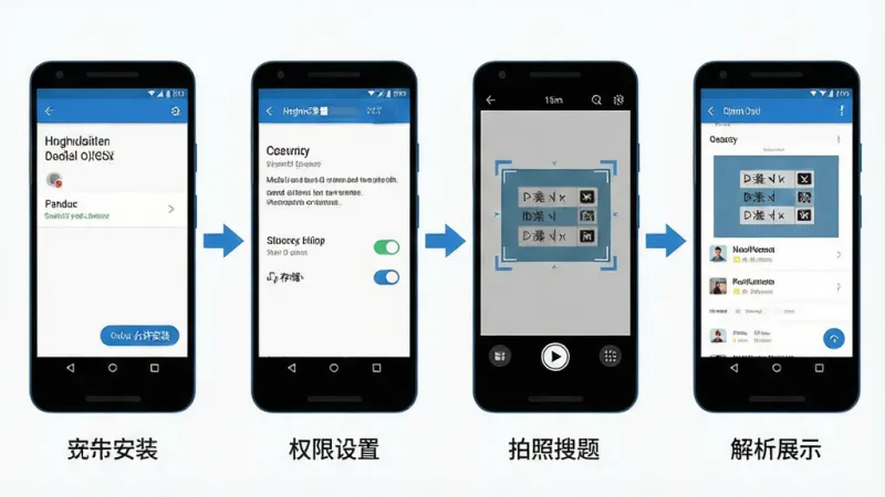 作业答案辅助搜题使用教程步骤图，画面展示一部安卓手机从安装到使用的四个步骤，第一步是安装界面点击“允许安装”，第二步是权限设置页面打开相机和存储开关，第三步是拍照搜题界面框选题目，第四步是解析展示页面，四个步骤用箭头连接，风格为扁平化信息图，蓝白配色，每个步骤下方有简短文字说明，布局为横向排列，画质干净无多余元素