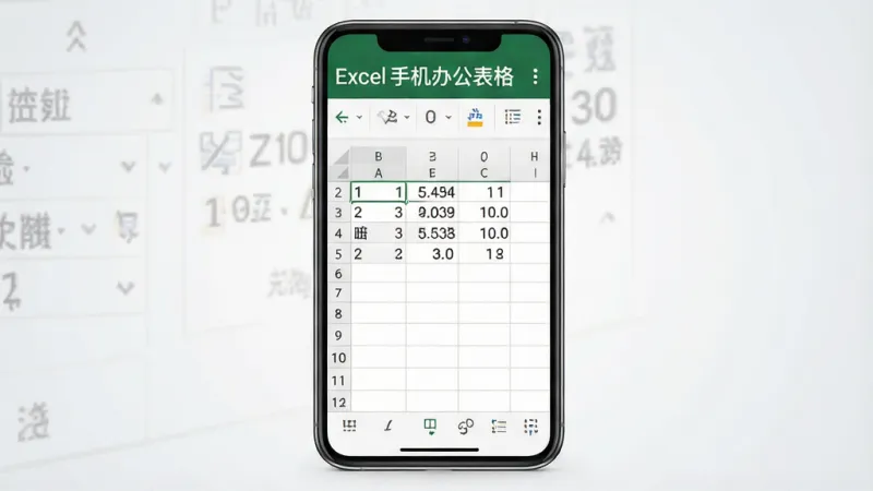 一张展示Excel手机办公表格应用主界面的图片，画面中央是手机屏幕，屏幕里显示一个简洁的表格编辑界面，顶部有