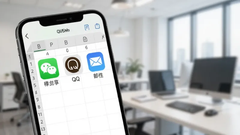 手机屏幕显示Excel手机办公表格的分享界面，屏幕上有微信、QQ、邮件等分享图标，背景是模糊的办公场景，风格现代简洁，画质干净无多余元素