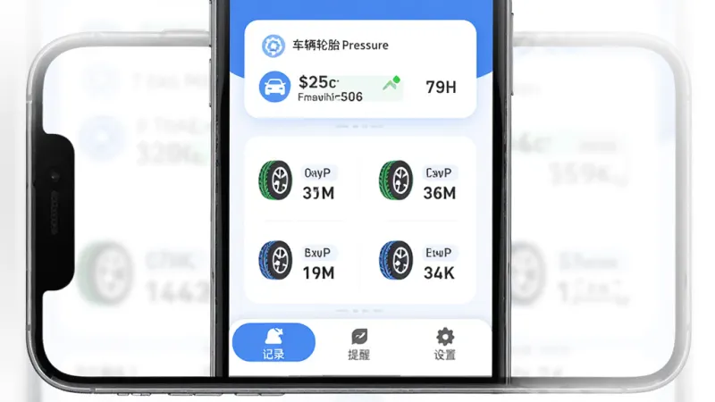 Tire Manager轮胎管理工具主界面，手机屏幕居中展示，顶部显示车辆轮胎压力数据卡片，中间是四个轮胎的胎压状态图标和数值，底部为记录、提醒、设置三个选项卡，整体布局清晰，蓝白配色为主，风格现代扁平，细节圆润，画质干净无多余元素
