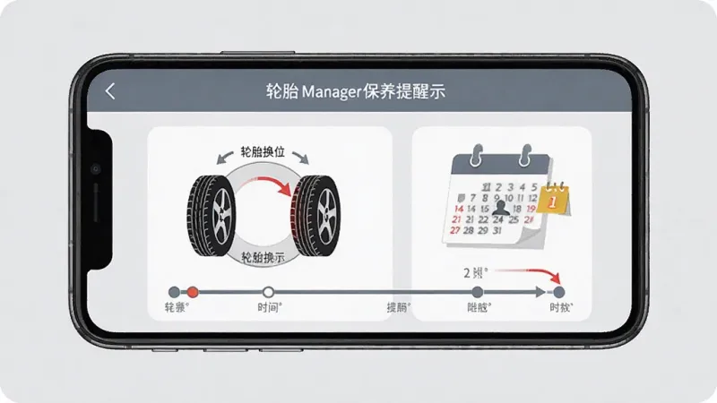 Tire Manager轮胎保养提醒功能界面，手机屏幕显示轮胎换位示意图和保养时间线，画面中有轮胎图标和日历提醒标记，背景为浅灰色，风格简洁实用，画质清晰无杂乱元素