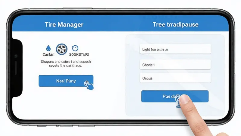 Tire Manager新手设置引导界面，手机屏幕展示权限开启步骤和胎压录入表单，画面中有手指点击按钮的示意，风格清晰直观，蓝白配色，画质干净无杂乱元素