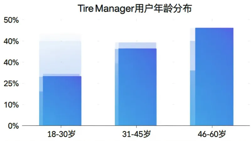 Tire Manager用户年龄分布柱状图，横轴为年龄段18-30岁、31-45岁、46-60岁，纵轴为用户占比百分比，柱状颜色为蓝色渐变，图表标题为“Tire Manager用户年龄分布”，风格简洁数据可视化，画质清晰无多余元素