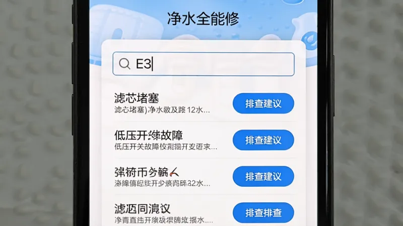 净水全能修故障代码查询界面,手机屏幕显示搜索框内输入了E3故障码,下方弹出多条可能原因列表,包括滤芯堵塞、低压开关故障等,每条原因后面有排查建议按钮,背景为白色卡片式设计,顶部有软件名称'净水全能修',画质清晰,干净整洁