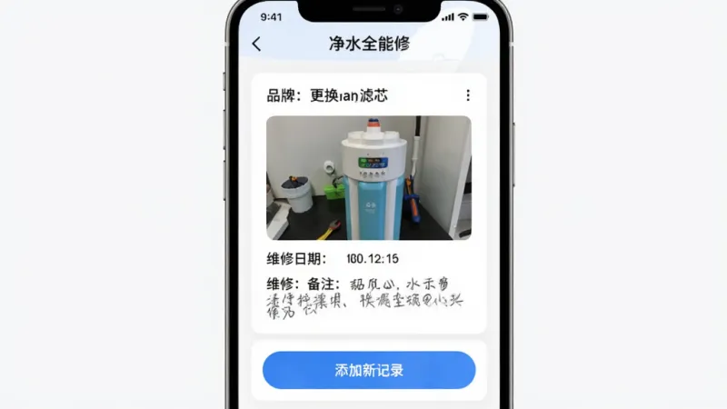 净水全能修维修记录页面,手机屏幕显示一条维修记录卡片,包含净水器品牌型号、更换滤芯照片、维修日期和备注文字,卡片下方有添加新记录按钮,界面风格清爽,顶部有'净水全能修'字样,画质干净无杂乱元素
