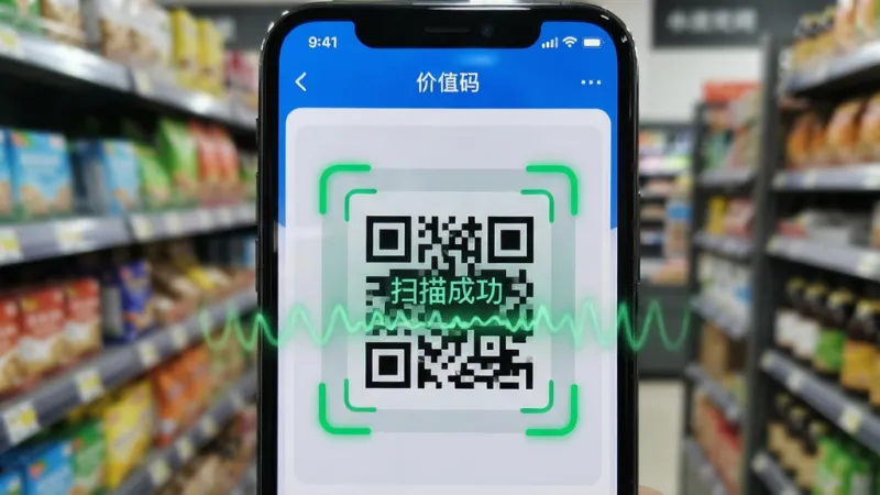 一张手机屏幕特写图，画面中“价值码”APP正在扫描一张二维码，屏幕中央出现绿色扫描框和“扫描成功”的提示文字，背景是模糊的货架场景，手机界面以蓝白为主色调，扫描动画线条流畅，画质干净无多余元素，突出快速识别的科技感